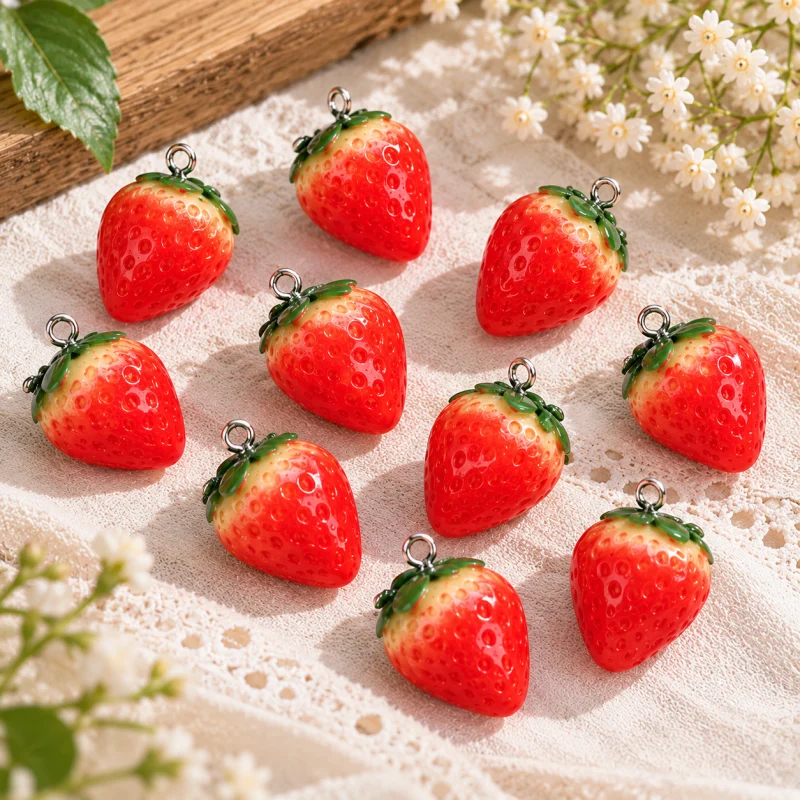 Glossy Strawberry Charms on Lace